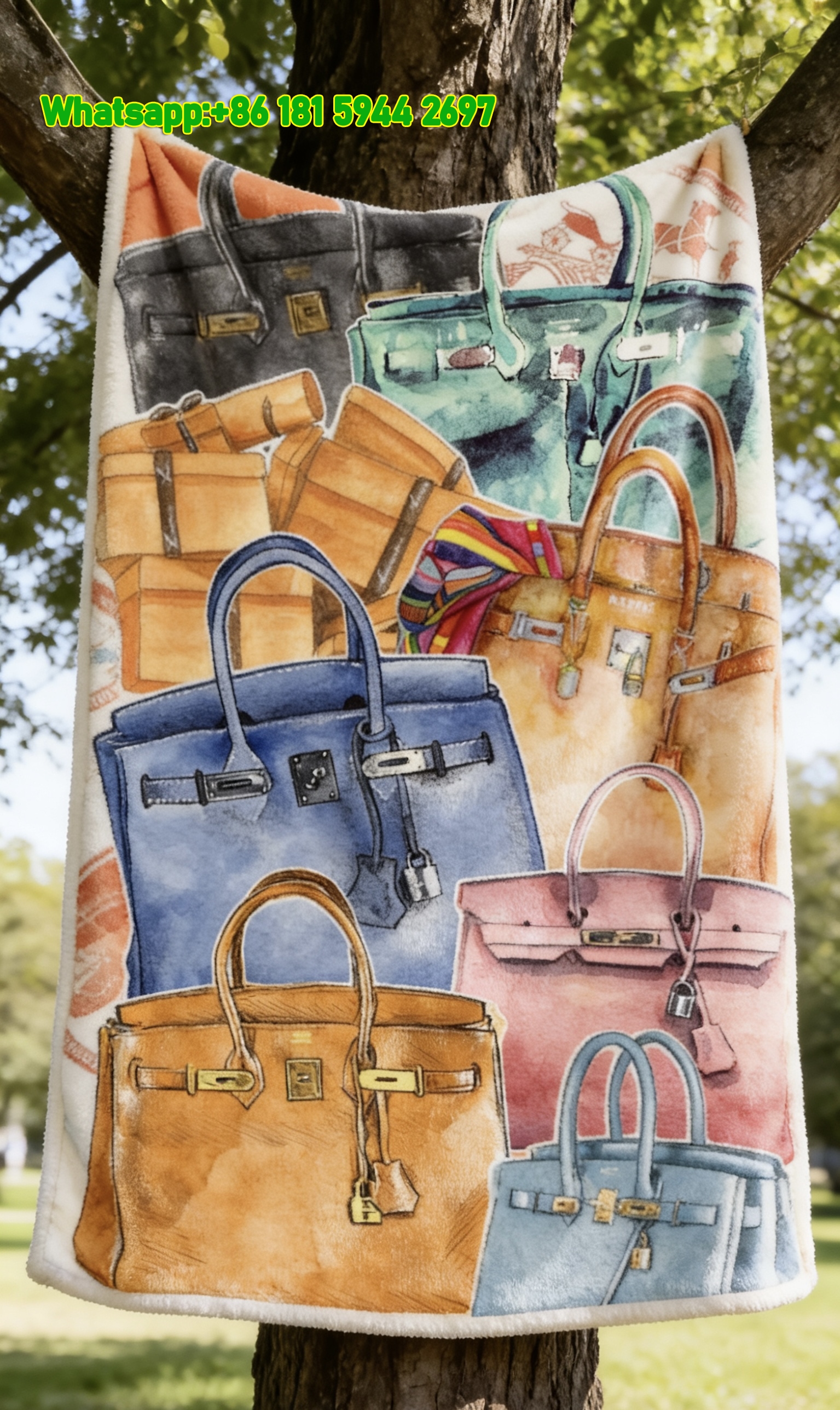 Hermès Vintage Birkin Bags Watercolor Flannel Fleece Throw Blanket IMG_4965